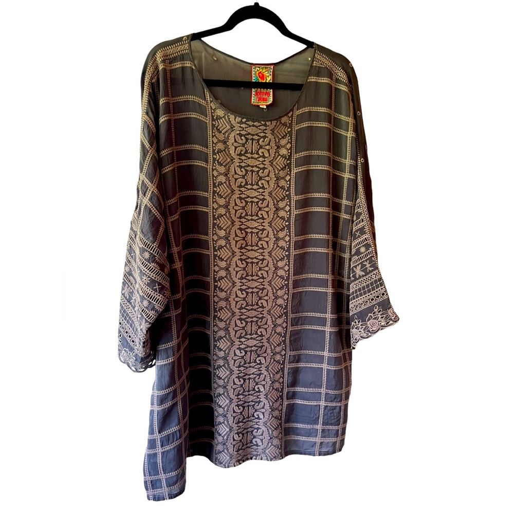 Johnny Was Black and Cream Embroidered Tunic Top